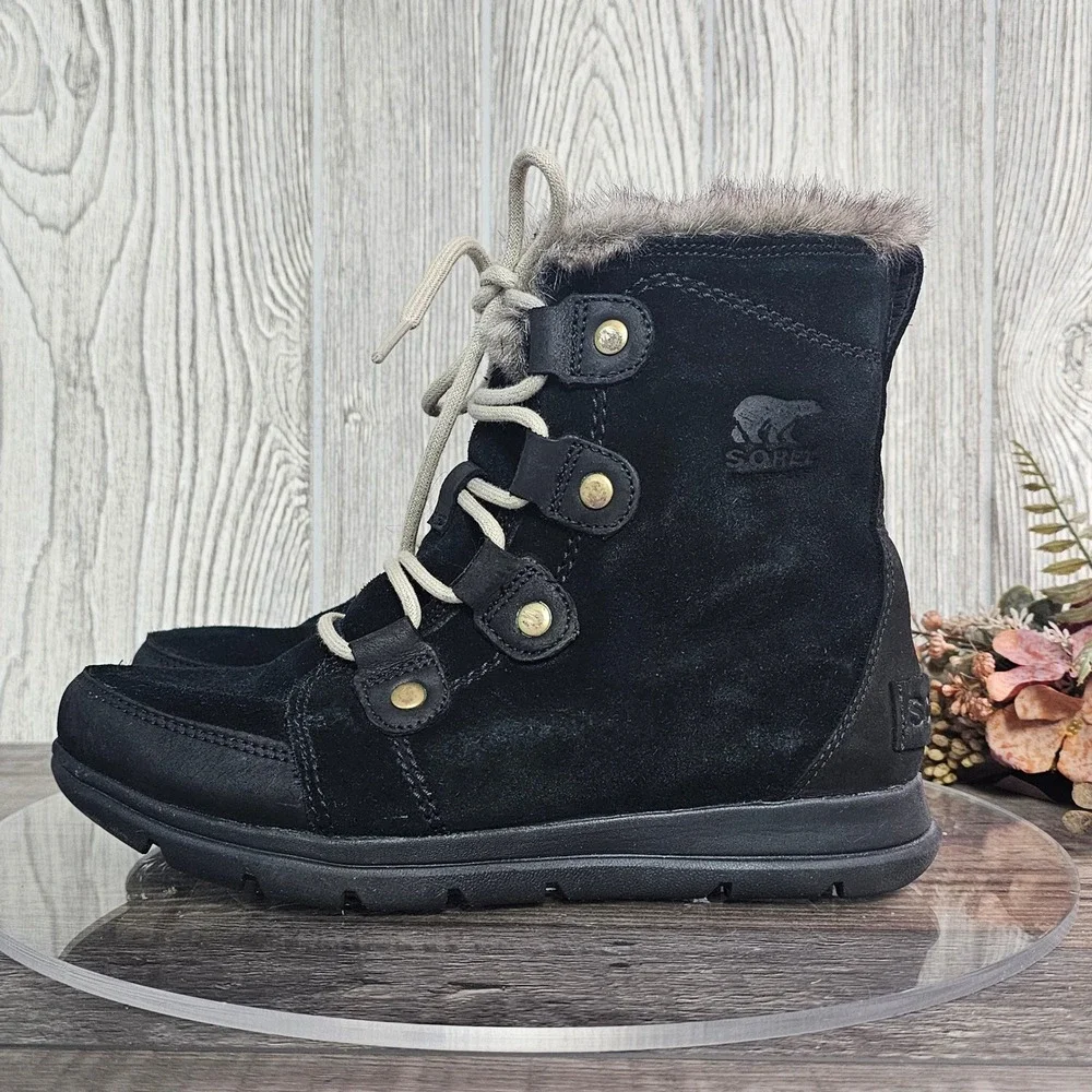 Sorel Explorer Joan Women's 8 Waterproof Black Suede Faux Fur‎ Winter Boots